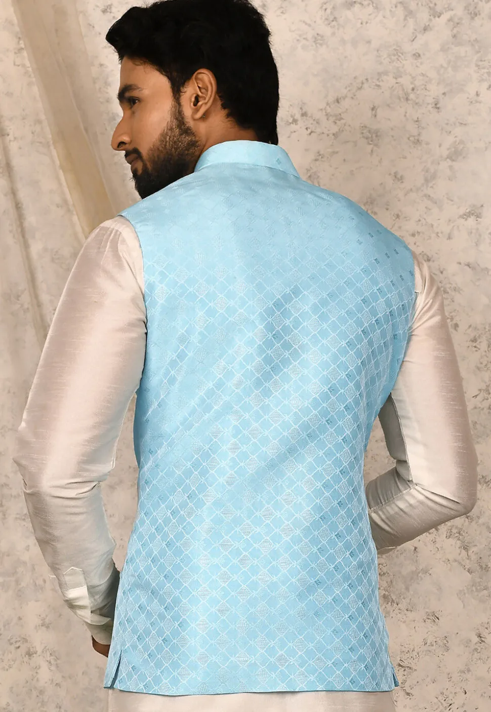 Woven Art Silk Jacquard Nehru Jacket in Sky Blue