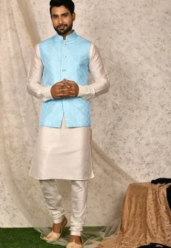 Woven Art Silk Jacquard Nehru Jacket in Sky Blue