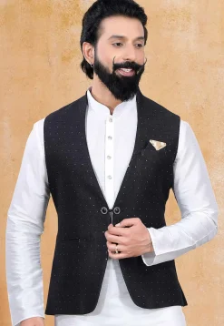 Woven Art Silk Jacquard Nehru Jacket in black
