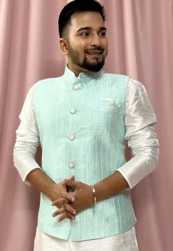 Woven Art Silk Jacquard Nehru Jacket in Sea Green