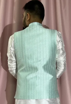 Woven Art Silk Jacquard Nehru Jacket in Sea Green