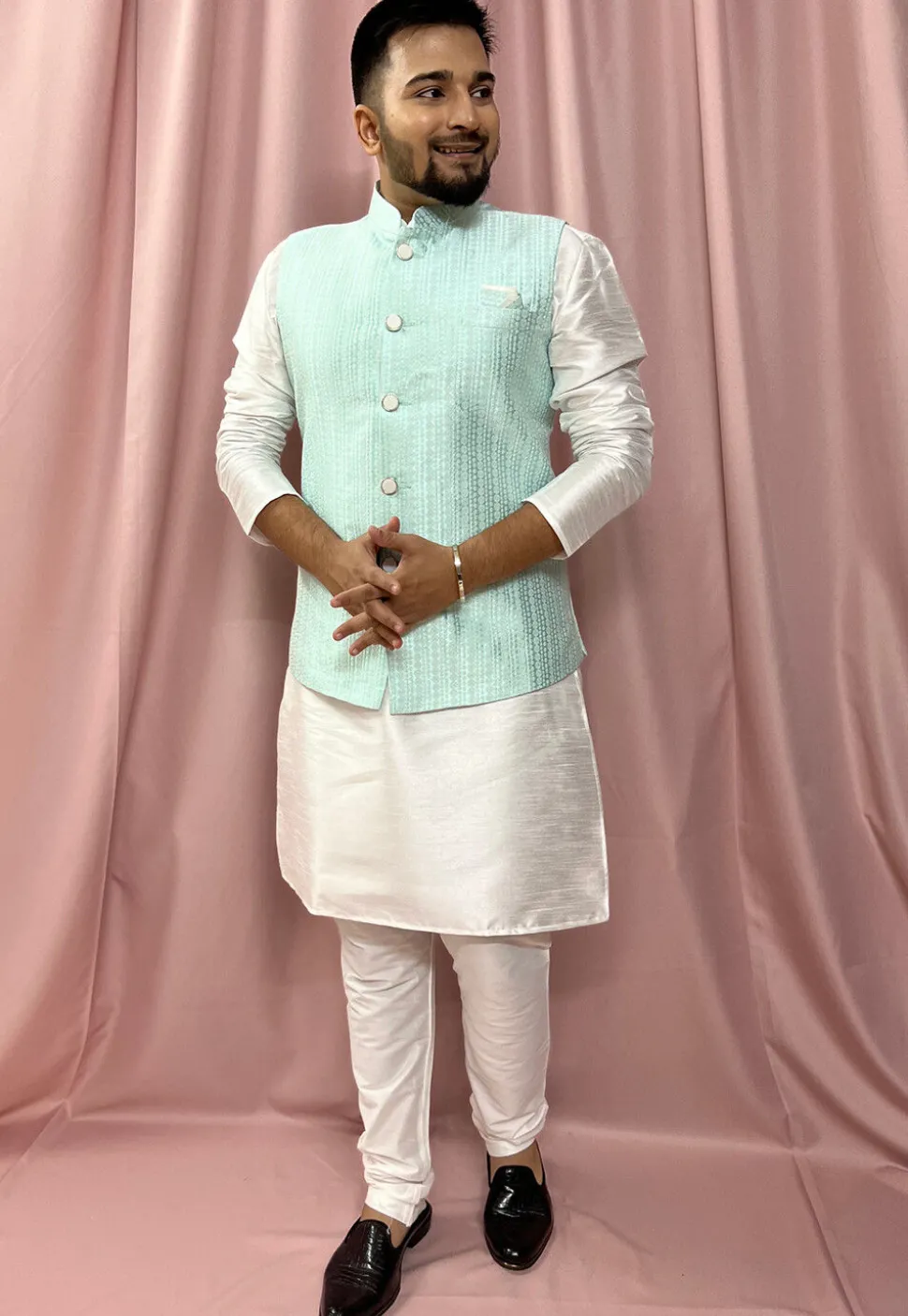 Woven Art Silk Jacquard Nehru Jacket in Sea Green
