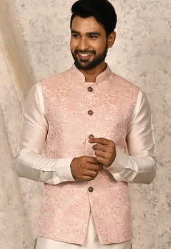 Woven Art Silk Jacquard Nehru Jacket in Pink and Off White