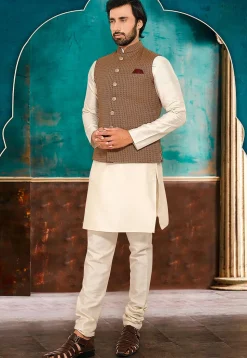 Woven Art Silk Jacquard Nehru Jacket in Beige