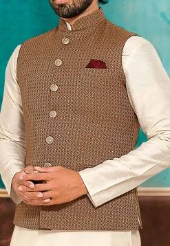 Woven Art Silk Jacquard Nehru Jacket in Beige