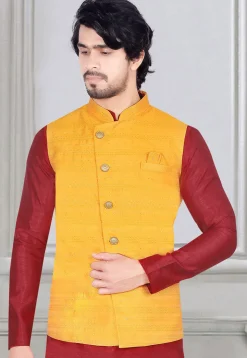 Woven Art Silk Jacquard Nehru Jacket in Yellow