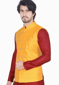 Woven Art Silk Jacquard Nehru Jacket in Yellow
