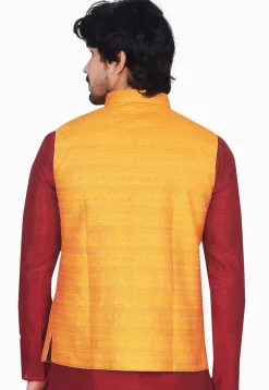 Woven Art Silk Jacquard Nehru Jacket in Yellow
