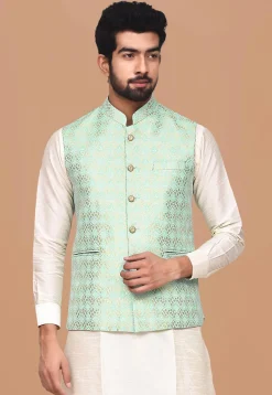 Woven Art Silk Jacquard Nehru Jacket in Sea Green