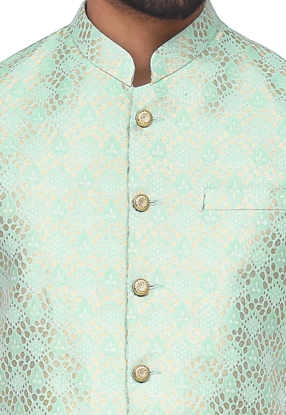 Woven Art Silk Jacquard Nehru Jacket in Sea Green