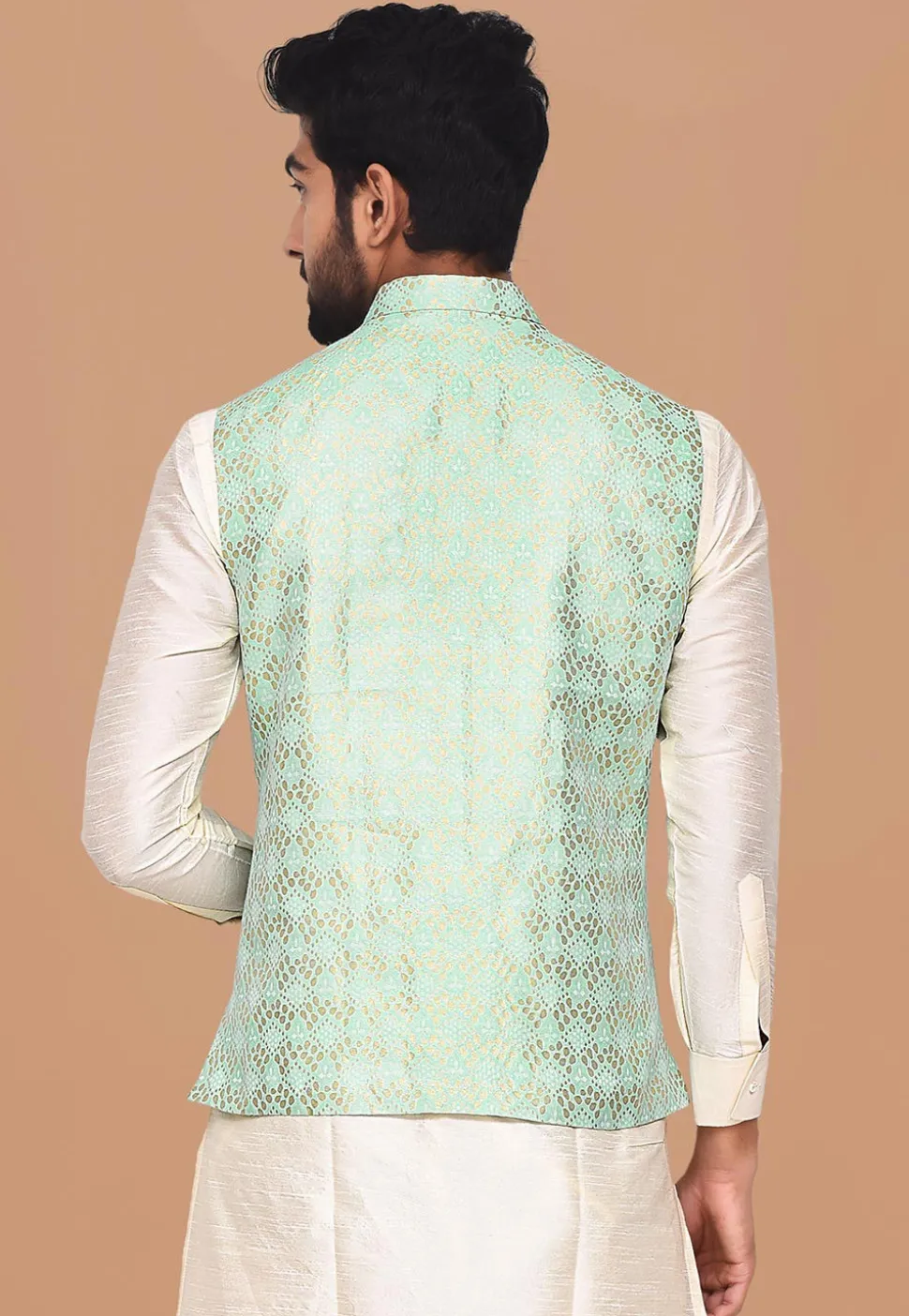Woven Art Silk Jacquard Nehru Jacket in Sea Green