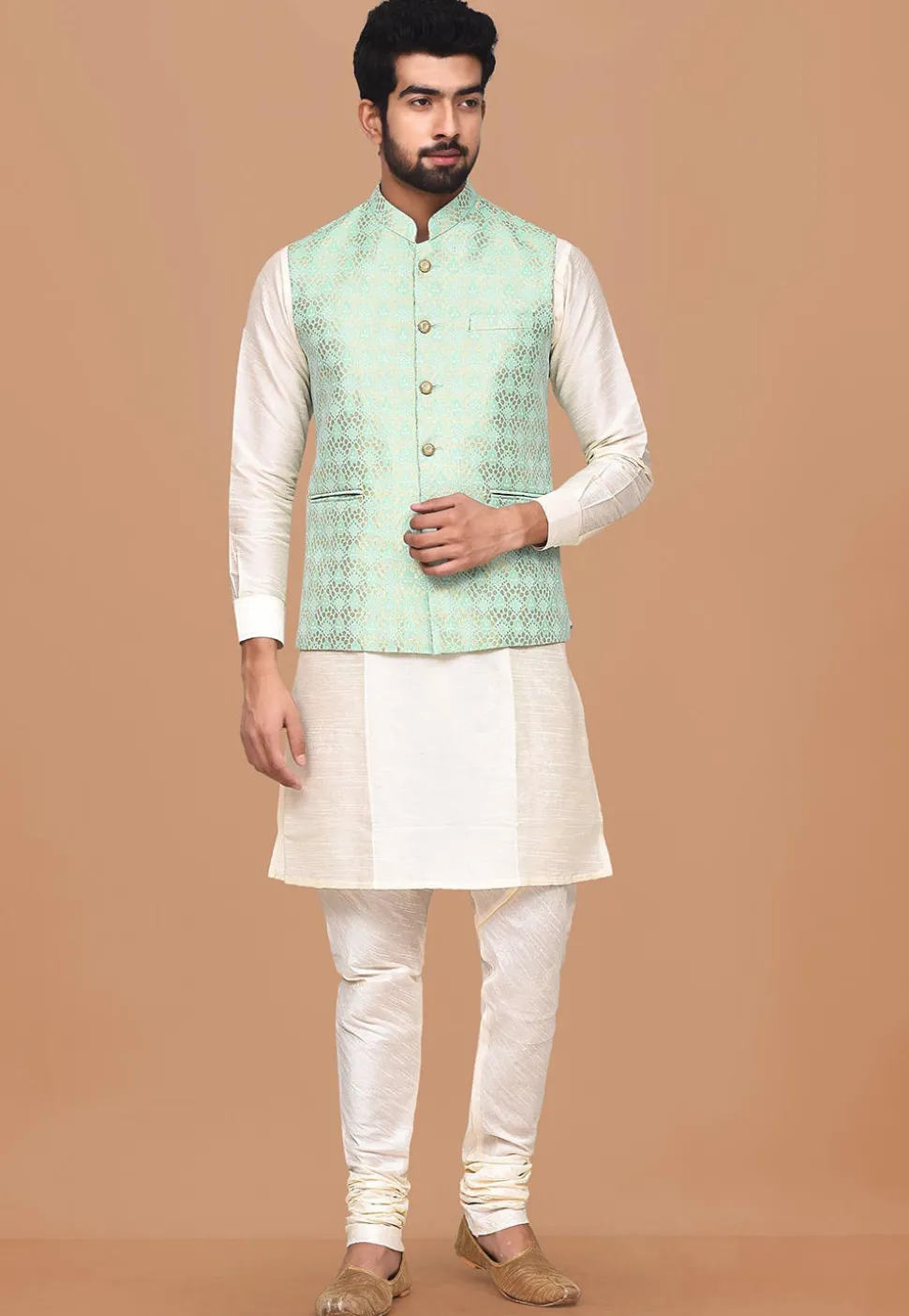 Woven Art Silk Jacquard Nehru Jacket in Sea Green