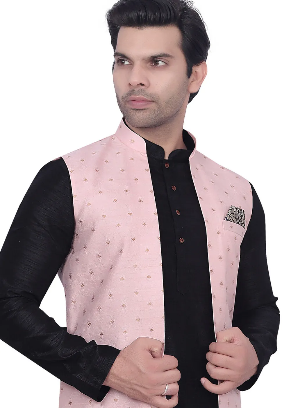 Woven Art Silk Jacquard Nehru Jacket in Pink