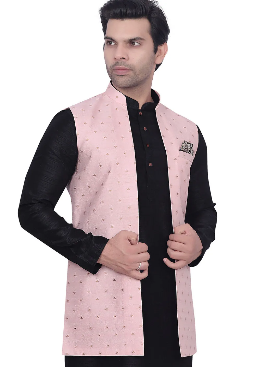 Woven Art Silk Jacquard Nehru Jacket in Pink