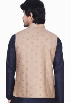 Woven Art Silk Jacquard Nehru Jacket in Beige