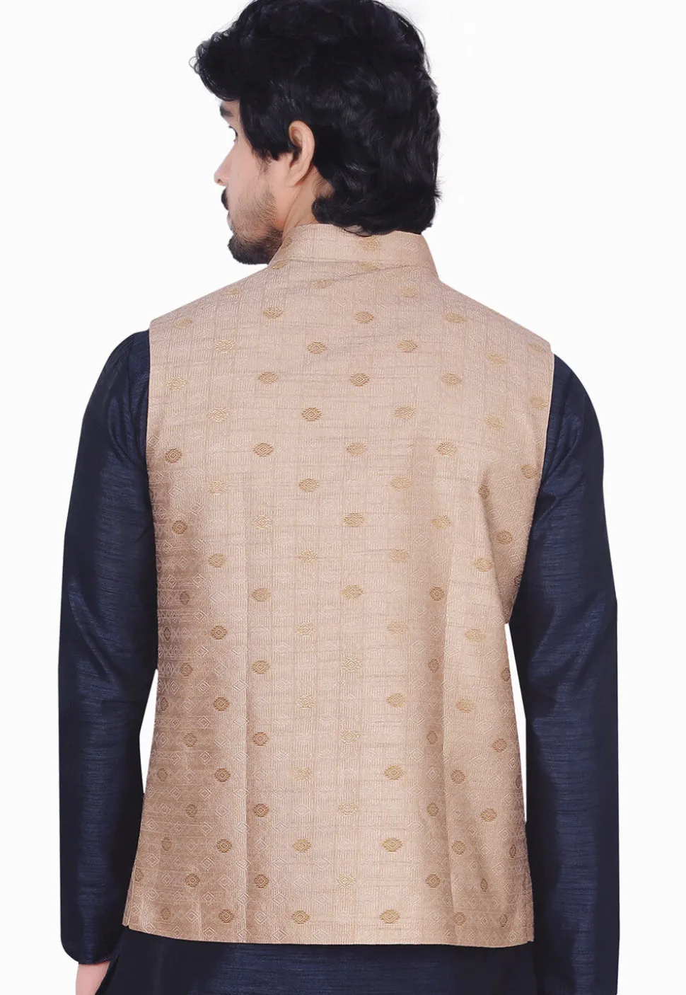 Woven Art Silk Jacquard Nehru Jacket in Beige