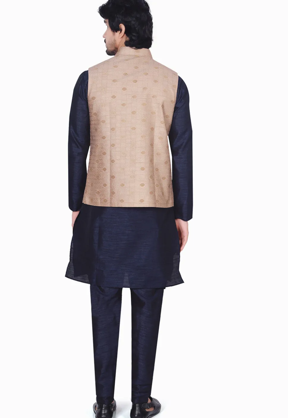 Woven Art Silk Jacquard Nehru Jacket in Beige