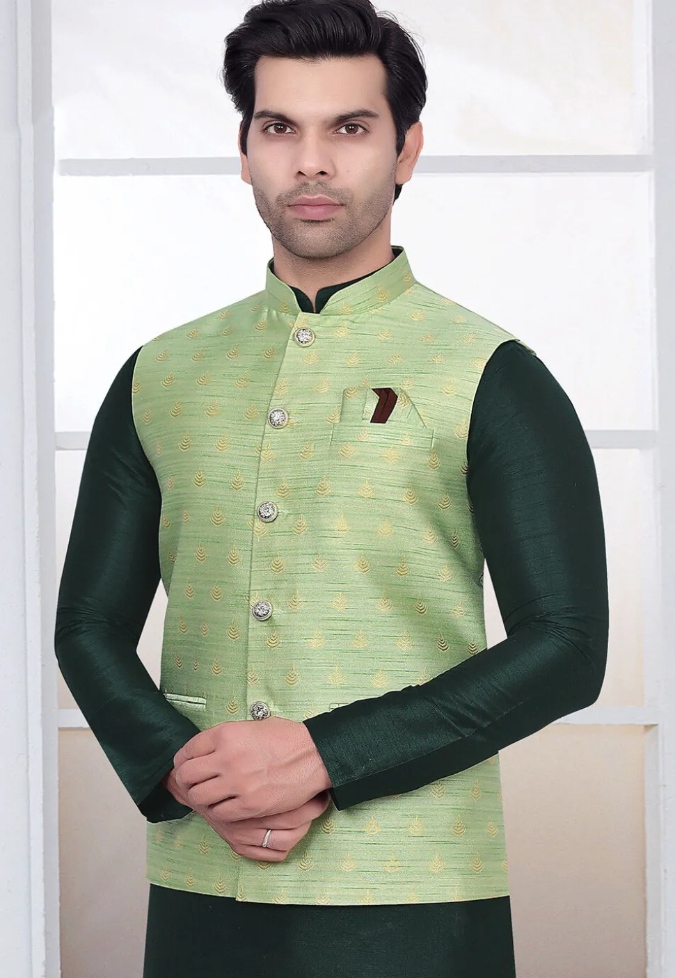 Woven Art Silk Jacquard Nehru Jacket in Light Green