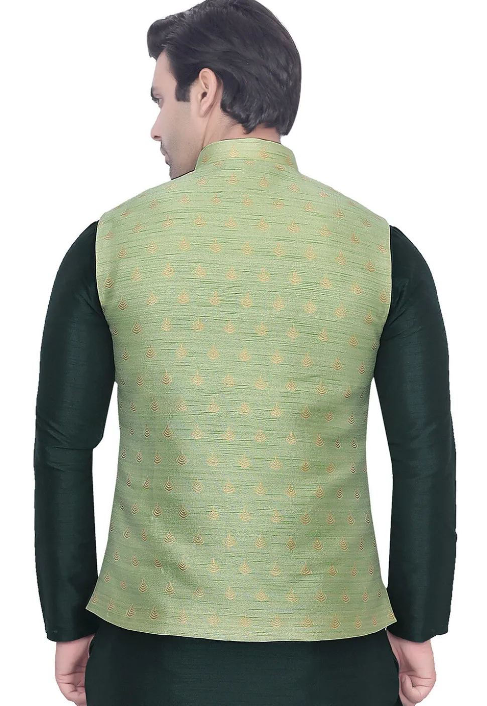 Woven Art Silk Jacquard Nehru Jacket in Light Green