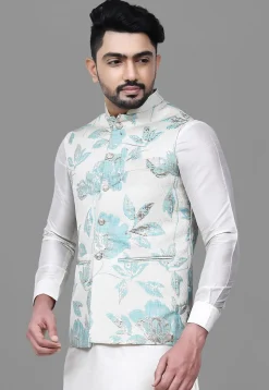 Woven Art Silk Jacquard Nehru Jacket in White