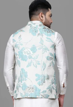 Woven Art Silk Jacquard Nehru Jacket in White