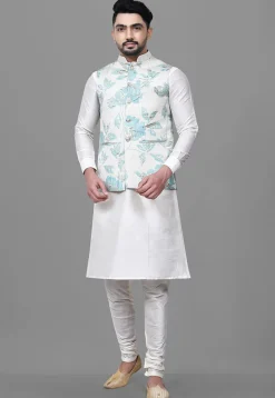Woven Art Silk Jacquard Nehru Jacket in White