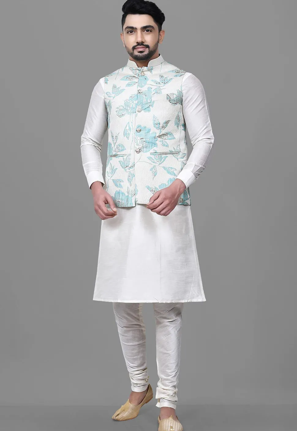 Woven Art Silk Jacquard Nehru Jacket in White