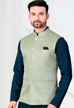 Woven Art Silk Jacquard Nehru Jacket in Pastel Green