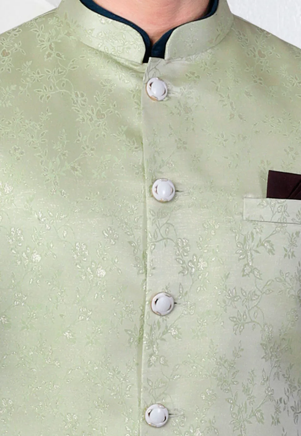 Woven Art Silk Jacquard Nehru Jacket in Pastel Green