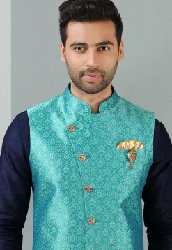 Woven Art Silk Jacquard Nehru Jacket in Light Blue