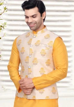 Woven Art Silk Jacquard Nehru Jacket in Light Beige