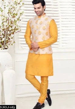 Woven Art Silk Jacquard Nehru Jacket in Light Beige