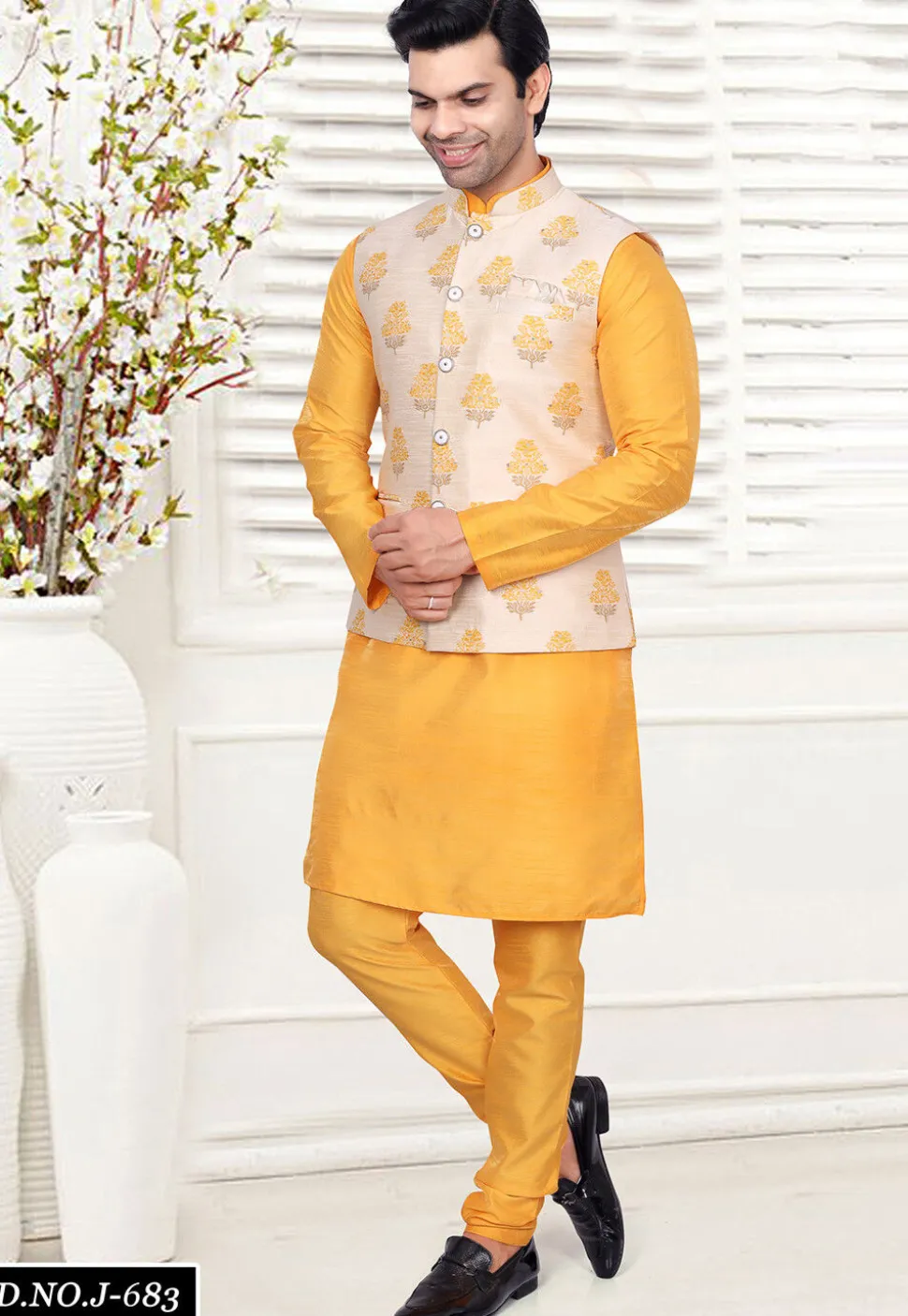 Woven Art Silk Jacquard Nehru Jacket in Light Beige