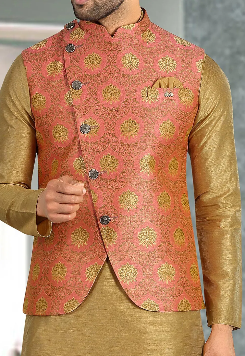 Woven Art Silk Jacquard Nehru Jacket in Peach