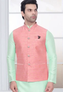 Woven Art Silk Jacquard Nehru Jacket in Pink