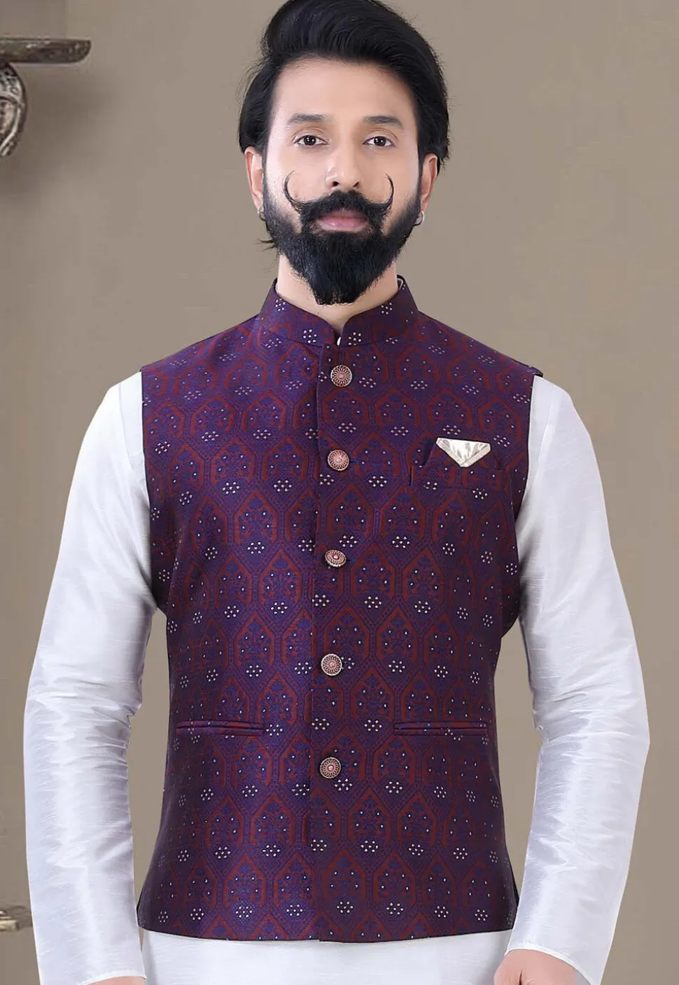 Woven Art Silk Jacquard Nehru Jacket in Purple