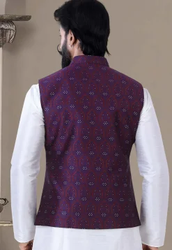 Woven Art Silk Jacquard Nehru Jacket in Purple
