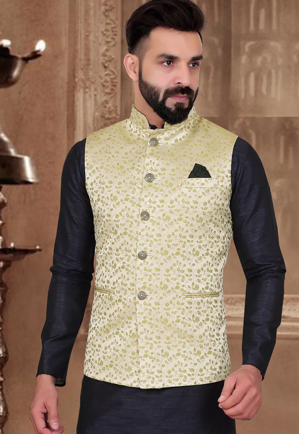 Woven Art Silk Jacquard Nehru Jacket in Beige