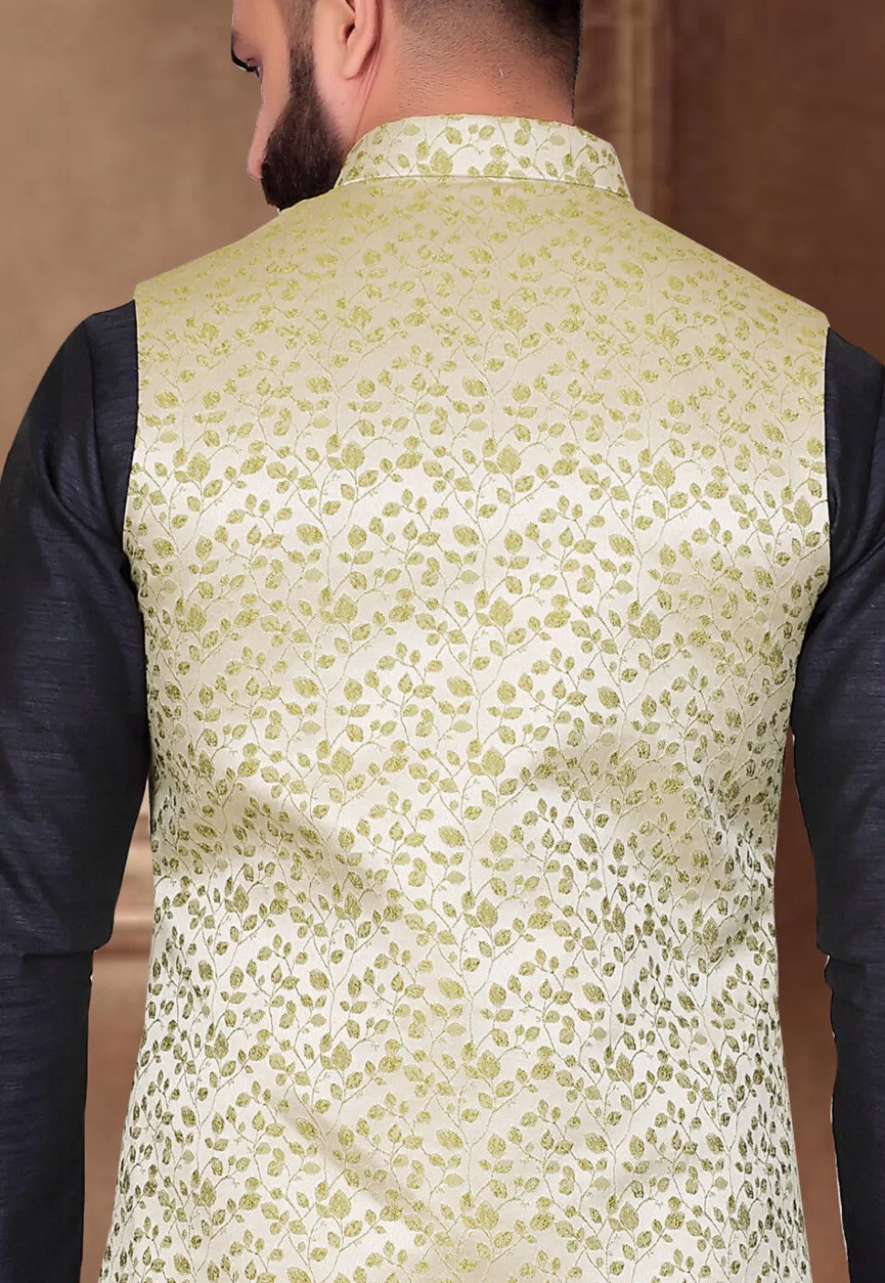 Woven Art Silk Jacquard Nehru Jacket in Beige