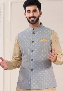Woven Art Silk Jacquard Nehru Jacket in Grey