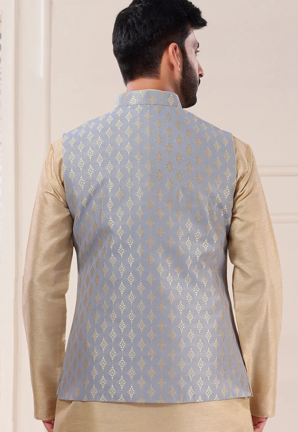 Woven Art Silk Jacquard Nehru Jacket in Grey
