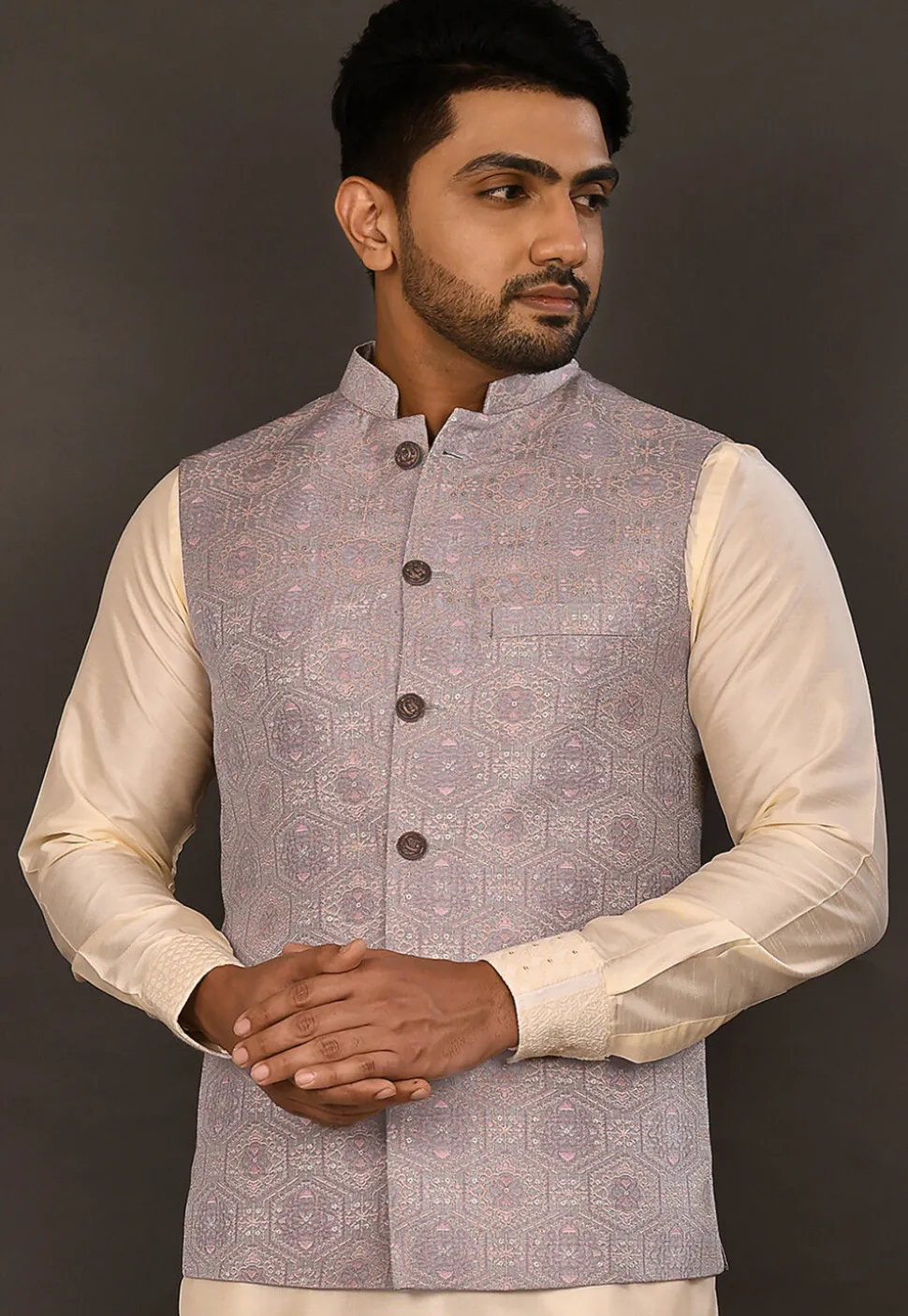 Woven Art Silk Jacquard Nehru Jacket in Grey