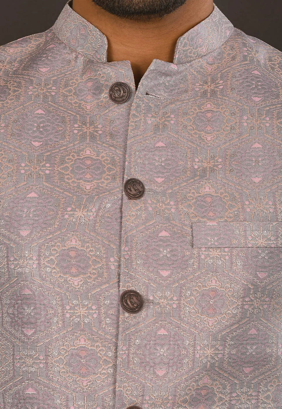 Woven Art Silk Jacquard Nehru Jacket in Grey