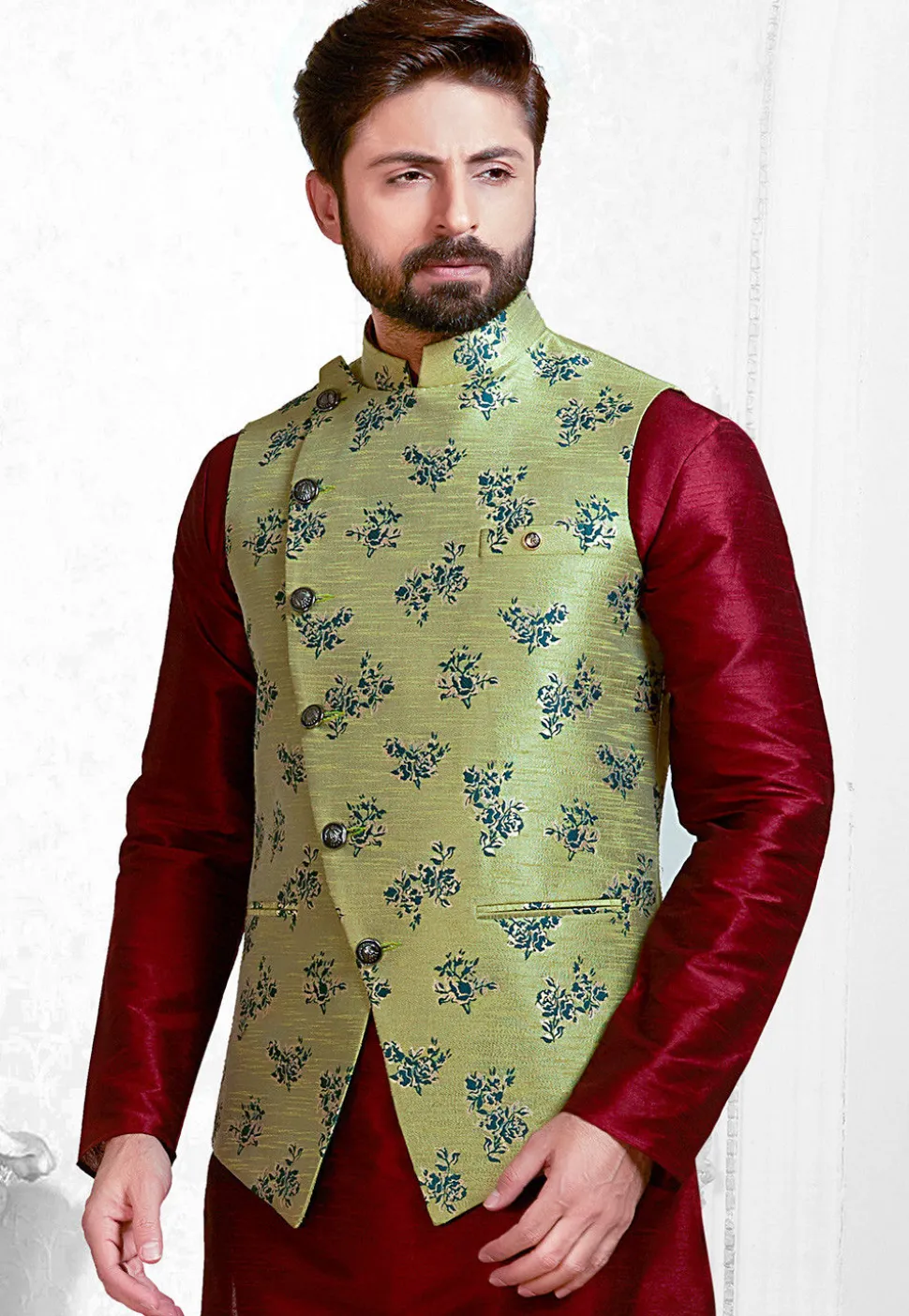 Woven Art Silk Jacquard Nehru Jacket in Light Olive Green