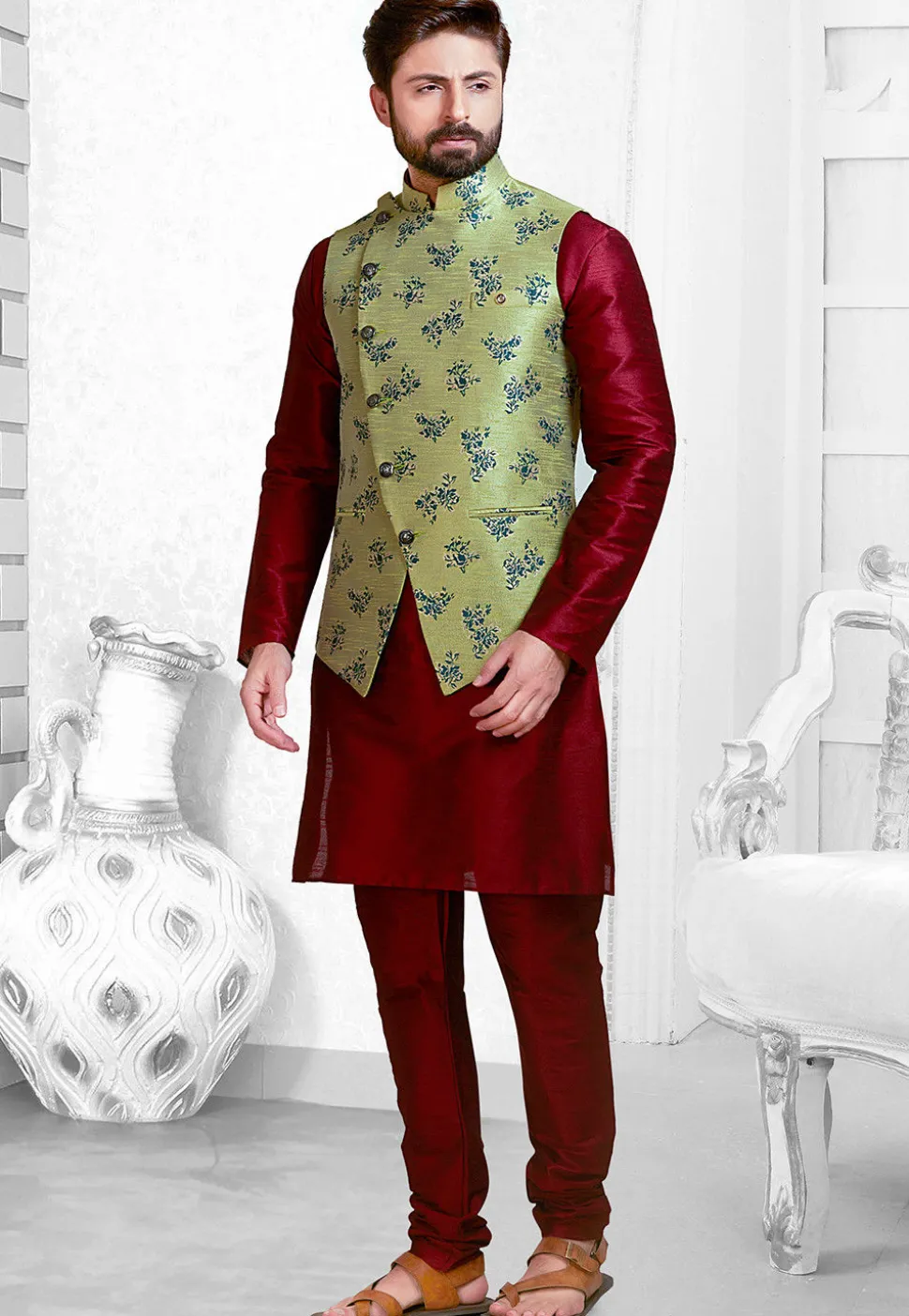 Woven Art Silk Jacquard Nehru Jacket in Light Olive Green