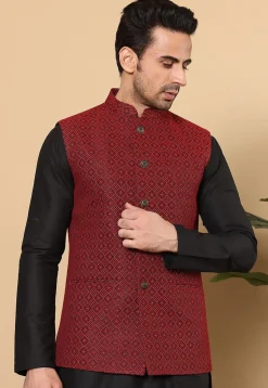 Woven Art Silk Jacquard Nehru Jacket in Red