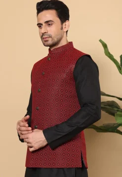 Woven Art Silk Jacquard Nehru Jacket in Red