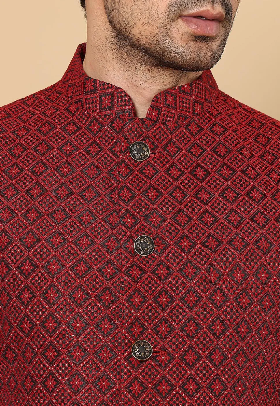 Woven Art Silk Jacquard Nehru Jacket in Red