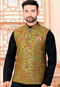 Woven Art Silk Jacquard Nehru Jacket in Green and Brown