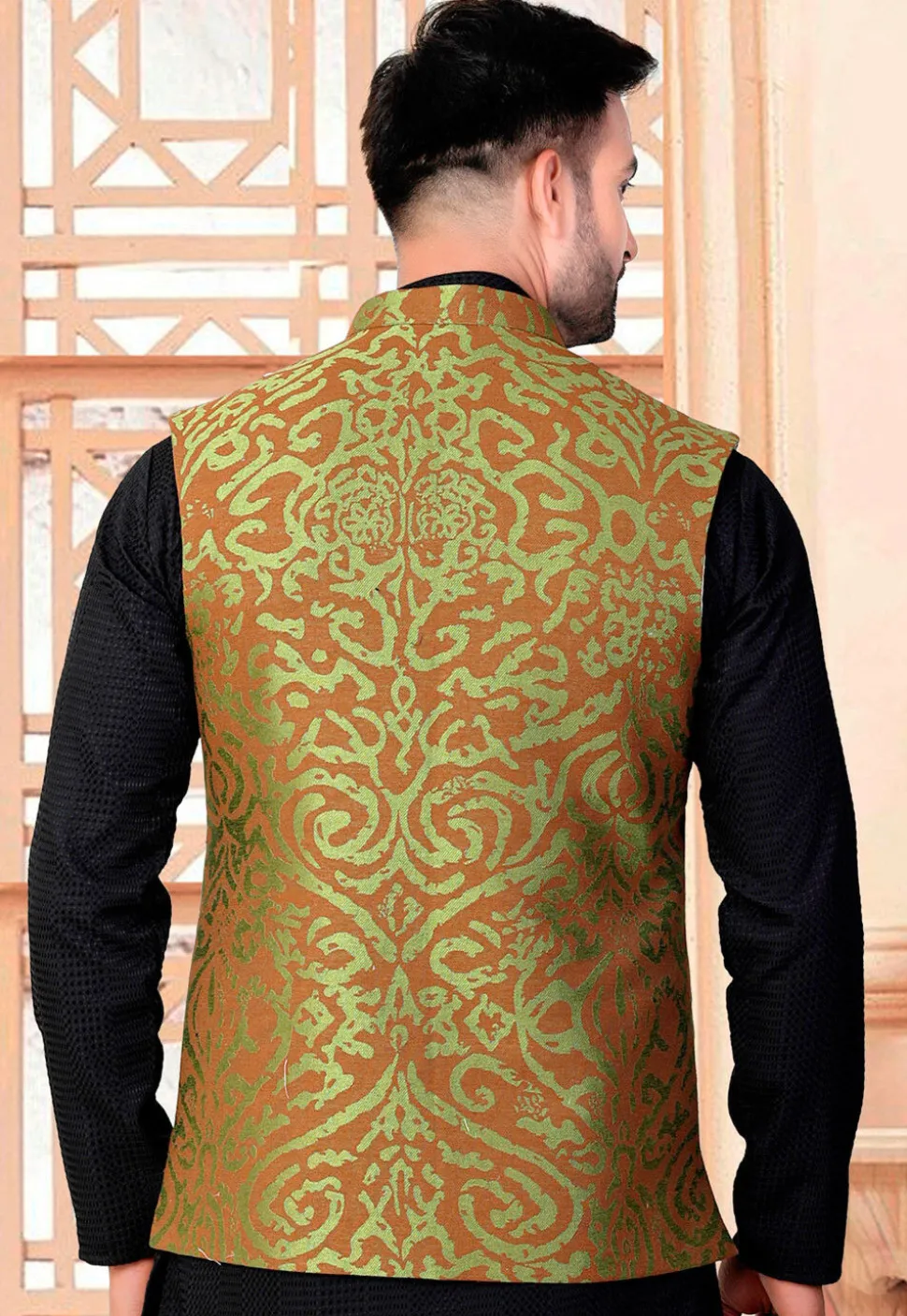 Woven Art Silk Jacquard Nehru Jacket in Green and Brown